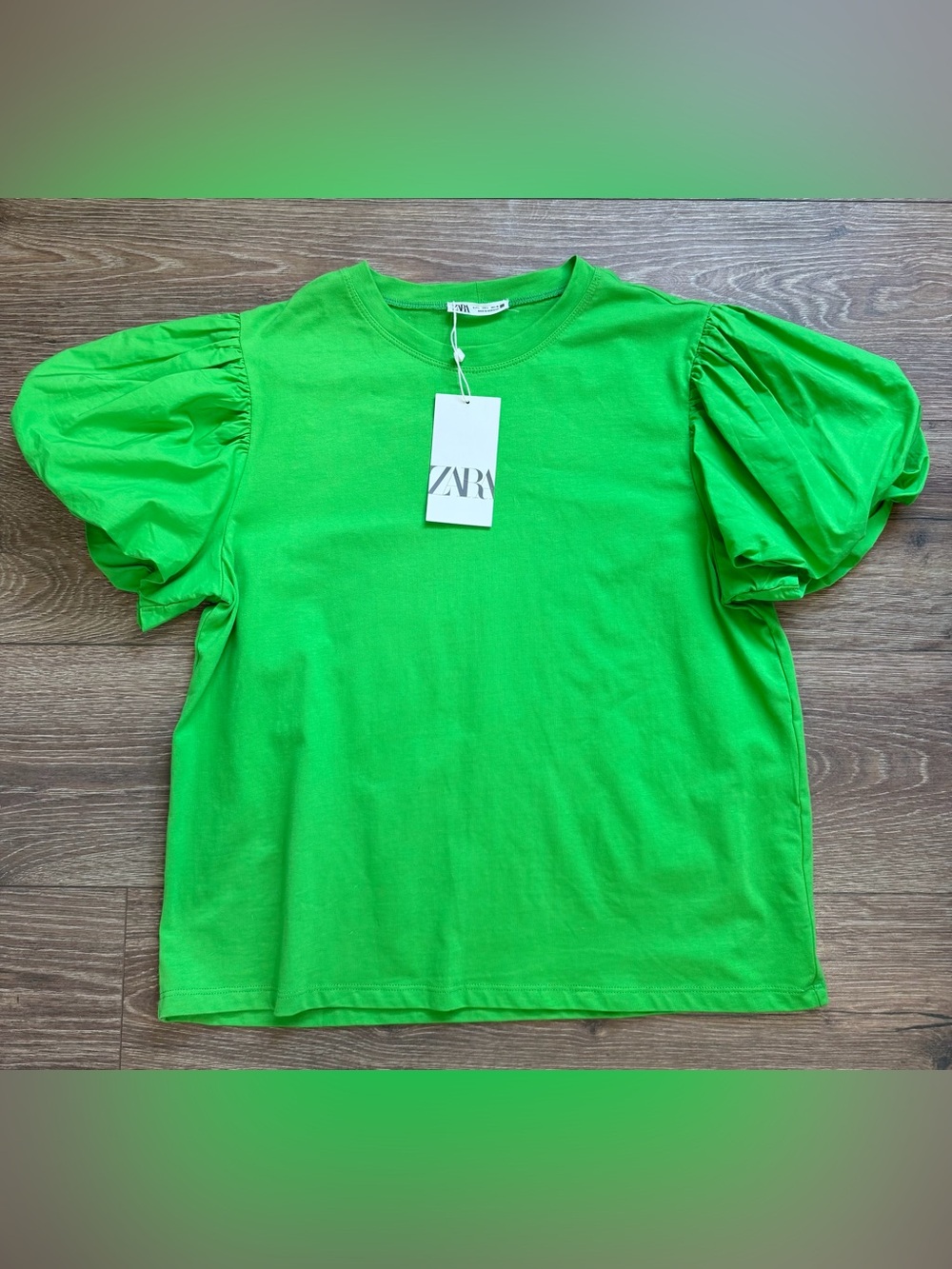 ZARA Emerald Green Puff Ruffle Short Sleeve Pullover Top T-Shirt Large NWT